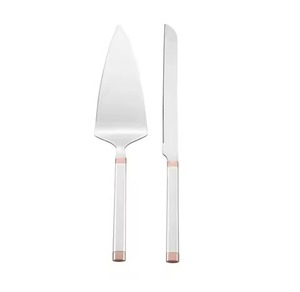 Elegant floral <b>engraved</b> metal cake server and knife set with intricate detailing to add sophistication to dessert tables - Product Image 3