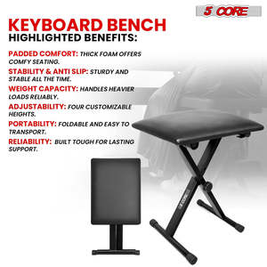 5 Core Keyboard <b>Bench</b> 2 Inch Padded Cushioned Piano Stool Height Adjustable 19" Guitar Seat Portable - Product Image 6