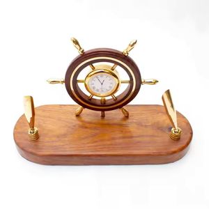 High Quality <b>Nautical</b> Marine Brass Wood Sailor Ship Wheel Clock Pen Stand Holder for Office Home Corporate Desktop Gift <b>Decor</b> - Product Image 3
