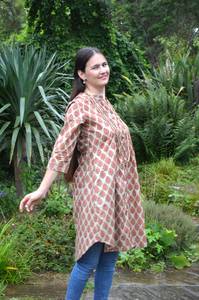 Adya Tunique Robe Pur Coton Main Bloc Imprimé Style Bohème | Beige Rose Imprimé Floral | Tenue Ethique Printemps Eté Fait Main - Product Image 3