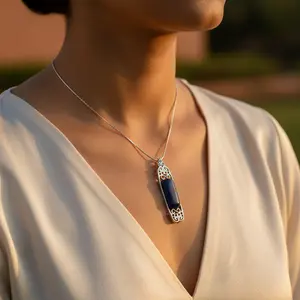 Trendy 925 Silver <b>Necklace</b> with <b>Blue</b> Sandstone Pendant Women's Gift Featuring Alloy Brass Diamond Zircon <b>Heart</b>-shaped Link Chain - Product Image 3