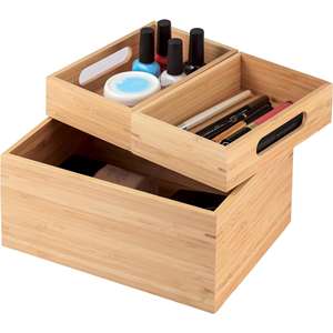 MSV - Boîte de rangement polyvalente avec 3 compartiments empilables ISALYS - Rangement en bambou naturel pour cosmétiques, fournitures de bureau ou - Product Image 5