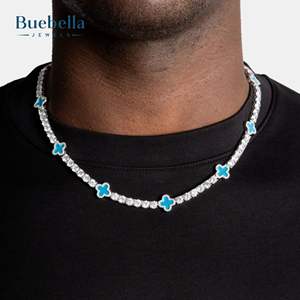 Venta caliente BUEBELLA JEWELS Mujeres Hip Hop 14K Chapado en oro blanco 925 Plata DE LEY 9mm Hoja de trébol Moissanite Cuban Link Tennis - Product Image 5