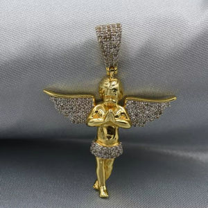 Pendentif en moissanite en forme d'ailes d'ange pour bébé, argent 925 plaqué or, collier de fête chrétien, bijoux fins, breloques - Product Image 1