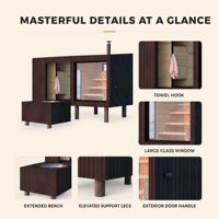Sauna extérieur PLOUTARA avec bain froid intégré, cabane en bois noir, poêle à bois, fenêtre en verre, OEM pour villa, complexe hôtelier, spa
