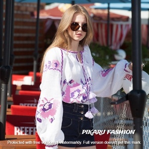 เดรสลำลองปักลายดอกไม้สำหรับผู้หญิงอินเทรนด์คอวีแขนยาวเสื้อทรงบอลลูนมีพู่ระบายเอวธรรมชาติซักได้ - Product Image 3