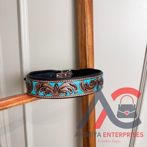 Personalized Hand Tooled Full Grain Leather Western Dog Collar Custom Genuine Leather Collar Floral Design <b>Padded</b> Dog Collars - Product Image 1