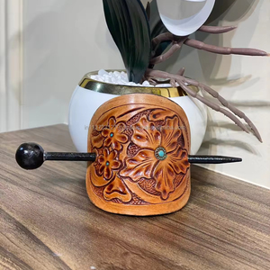 Classique élégant fabriqué à la main en cuir usiné Vintage bâton de cheveux de haute qualité Western en cuir véritable femmes Barrette pinces à cheveux - Product Image 2