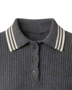 Suéter Polo Corto Gris Oscuro Personalizado para Mujer, Top de Punto Acanalado de Manga Larga con Cierre de Botones, Suéter Informal de Moda para Invierno - Product Image 5