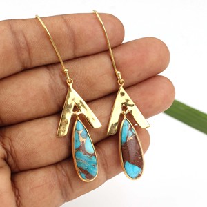 Amazing Lava Copper Turquoise Gemstone <b>Earring</b> 925 Sterling Silver 18K Gold Plated Eternity Vermeil 8x24mm Pear <b>Dangle</b> Earings - Product Image 1