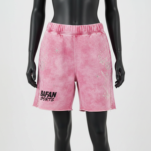 Shorts de sport pour femme en molleton de coton 320 GSM de haute qualité, rose délavé, respirant, avec broderie personnalisée et logo en strass. - Product Image 5