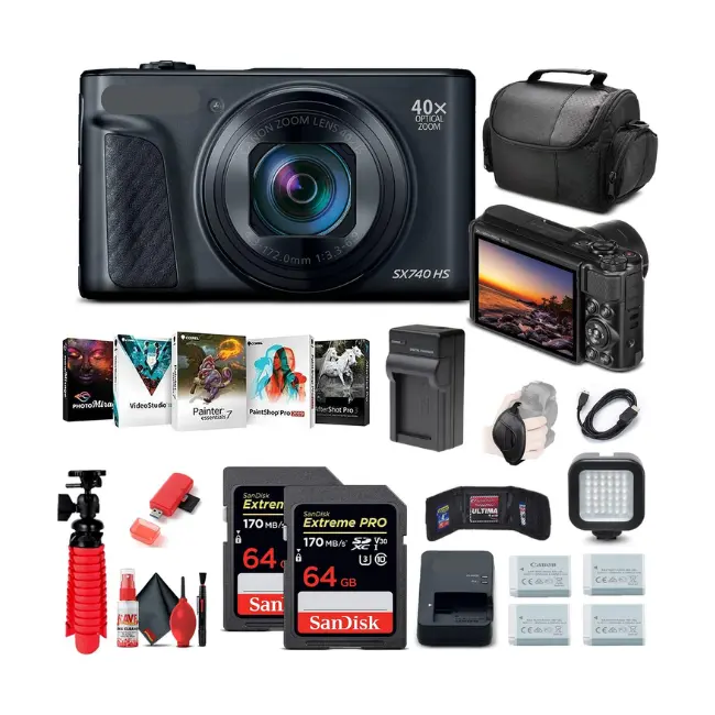 HOT DEAL Power Shot fotocamera digitale SX740 HS (nero) + schede 2x64GB + 3 x NB13L batterie lettore di schede + luce + borsa + altro