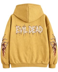 Sudadera con Capucha Personalizada Amarillo Mostaza con Gráfico de Doble Calavera, Estilo Gótico Urbano, Sudadera de Felpa con Estilo Lavado Ácido, Ropa Personalizada para Hombre - Product Image 5