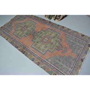 3.5x7.5 ft Vintage Turkish Rug, Area Rug, <b>Brown</b> Blue Striped <b>Wool</b> Rug - Product Image 4