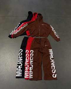 Custom Distressed Acid Wash Zip Up Vintage Chándales Apliques Bordado Parche 500GSM Terry Sudadera con capucha y pantalones de chándal Conjunto para los hombres - Product Image 4