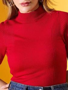 Half Sleeve <b>Turtle</b> <b>Neck</b> Stretch Ribbed <b>Top</b> <b>Women</b> Regular Fit Tshirt Summer Short Sleeve - Product Image 2