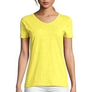 Camiseta de manga de alta calidad con cuello en V para mujer, 100% algodón, corta, transpirable, estampado de logotipo personalizado, venta al por mayor, nueva colección de verano - Product Image 4