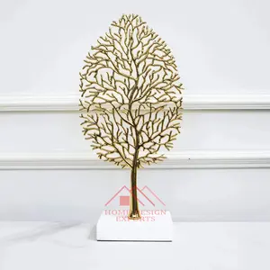 Altın ayaklı mercan ağacı yaprak masa heykel ev dekor için yüksek kaliteli Metal yaprak heykel mermer taban