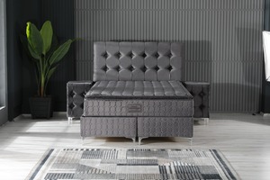 Juego de Cama Completo Tapizado en Gris con Cabecera Acolchada con Botones y Patas de Acero, Diseño de Máxima Comodidad A - Product Image 1