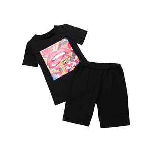 Cotton Women 2 Piece Shorts Sports Outfits Funny Red Lips Printed Tshirt Top Tight Short Pant Clothes Sets - Product Image 5