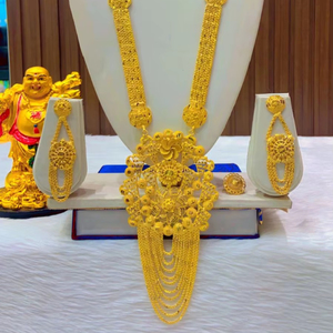 Dubai ชุดเครื่องประดับแฟชั่นชุบทอง24K สร้อยคอต่างหูกำไลเข็มกลัดวัสดุทองแดงสำหรับบัลแกเรีย