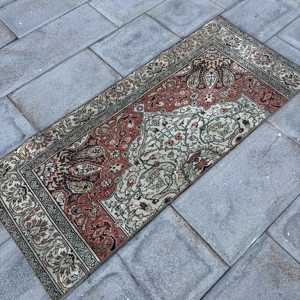 2x4.8 ft Vintage Turkish Small <b>Red</b> Brown Patchwork <b>Wool</b> Rug Eco Friendly with Latex Backing - Product Image 2