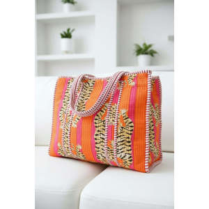 Bolso tote pequeño de algodón artesanal estilo bohemio, sostenible, para mujer, con estampado de tigre, cremallera naranja, ligero y grande. - Product Image 1