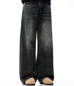 Customizable Logo Acid Wash Distressed <b>Men's</b> Pants <b>Trousers</b> <b>Baggy</b> Fit Wide Leg Mid Waist Casual Style Straight Pattern Cotton - Product Image 4