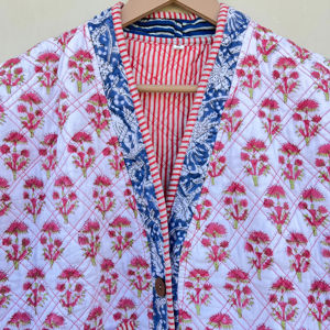 เสื้อแจ็กเก็ตผ้าฝ้ายบุนวมลายดอกสีครามสำหรับผู้หญิงใส่ได้ทุกฤดูการตกแต่งสไตล์กิโมโน - Product Image 1