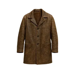 Vintage Brown Distressed Leather Coat with Front Pockets - Product Image 1