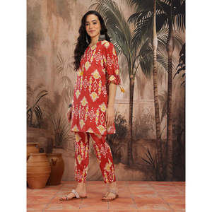 Women's for Rust Printed Satin Chinnon Kurta with Three-Quarter Palazzos for Spring/Summer - Product Image 3