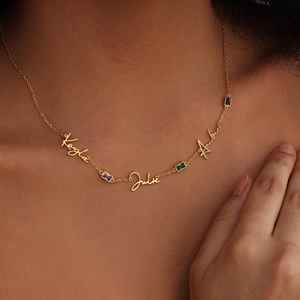 Collar con Nombre de Familia Personalizado en Plata de Ley 925 con Baño de Oro Vermeil de 14K, Colgante con Piedra de Nacimiento en Corte Baguette, Cadena de Eslabones, Unisex, Regalo - Product Image 1