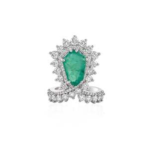 Bague Statement avec Pierre Précieuse Taille Émeraude - Plaqué Rhodium, Bijoux Fins Géométriques Bohèmes - Product Image 1