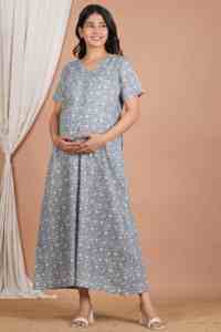 Jaipuri Print Cotton <b>Maternity</b> <b>Nightgown</b> Breastfeeding Zip Access Floral Print Nursing Sleepwear Maxi Dress Pregnancy Outfit - Product Image 5