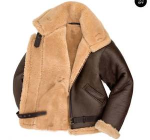 Blouson aviateur en cuir de mouton véritable pour homme avec col montant et logo sur le devant Blouson de moto épais avec doublure en peau de mouton - Product Image 4