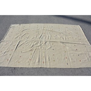 Modern Vintage Turkish Rug 4.4 X 6.9 ft Classic Beige Patchwork Design Wool Viscose Material for Living Room Latex Backing - Product Image 3