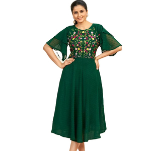 Robe de style occidental en tissu georgette lourd avec motif Butti, manches à double couche uniques cousues à l'intérieur, disponible en 4 couleurs - Product Image 1