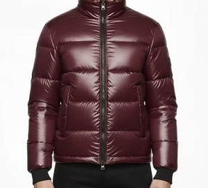 Men's <b>Burgundy</b> PU <b>Puffer</b> <b>Jacket</b> Stand Collar Zipper Closure Windproof Down Filled Casual Winter Wear Regular Length Slim Fit - Product Image 1