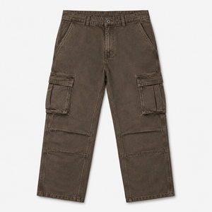 Pantalon cargo en toile de coton pour homme, coupe droite, taille mi-haute, anti-plis, respirant, multi-poches, OEM, streetwear, effet délavé vintage - Product Image 1