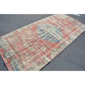 Vintage Turkish <b>Rug</b> Red Beige 4.2x8.7ft Large Area Woolen Patchwork Design for Hallway or <b>Bedroom</b> Latex Backed Sidekick - Product Image 2
