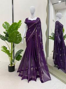 Bollywood-Style Indian Pakistani Viscose Saree with Thread <b>Sequin</b> Embroidery Designer Partywear Blouse Set Included - Product Image 3