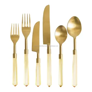 <b>Set</b> of <b>6</b> Gold Plated Stainless Steel Flatware Cutlery with Acrylic Handles Home <b>Dinnerware</b> Tabletop Cutlery <b>Set</b> in India - Product Image 2