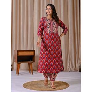 Conjunto de traje afegano para mujer, kurta de corte recto con estampado Red Butta Block - Product Image 4