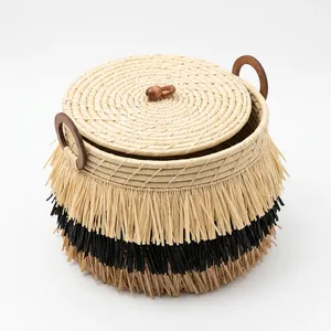 Boîte de rangement et d'organisation ronde en raphia, décoration bohème, avec franges et couvercle pour l'organisation de la maison - Product Image 4
