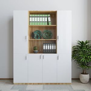 Modern 160x40x220cm Rubberwood <b>Lockable</b> & Movable Filing <b>Cabinet</b> with White Doors Key Lock for Office Workshop Home (THS68021) - Product Image 3