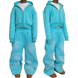 Ensemble de survêtement tendance en molleton de 500 grammes, lavé à l'acide, avec fermeture éclair, sweat-shirt court, pantalon de survêtement ample à jambes larges, lavé à l'acide - Product Image 1