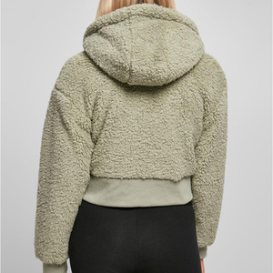 Veste à capuche en polaire olive clair pour femmes, fermeture éclair, vêtement d'extérieur en sherpa, coupe courte, manches longues, douce, chaude, confortable, décontractée, automne, hiver, couche - Product Image 5