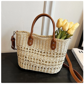 Bolso tejido caqui Cadena de cuero Mano Mujer Tejido de paja Bolso de mano Crochet Macrame Bolsos de playa Directo del proveedor indio - Product Image 2