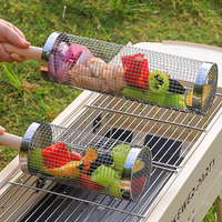Panier de barbecue rotatif en acier inoxydable non revêtu, anti-rouille, portable (Grand/Petit) pour le camping en extérieur