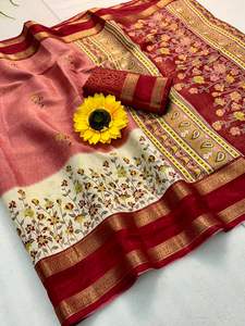 Sari de Seda Kanjivaram para Mujer, Rico en Motivos de Pavo Real con Cintas Doradas, Tejido Kalamkari con Borde Hamsa, Hecho en India - Product Image 6